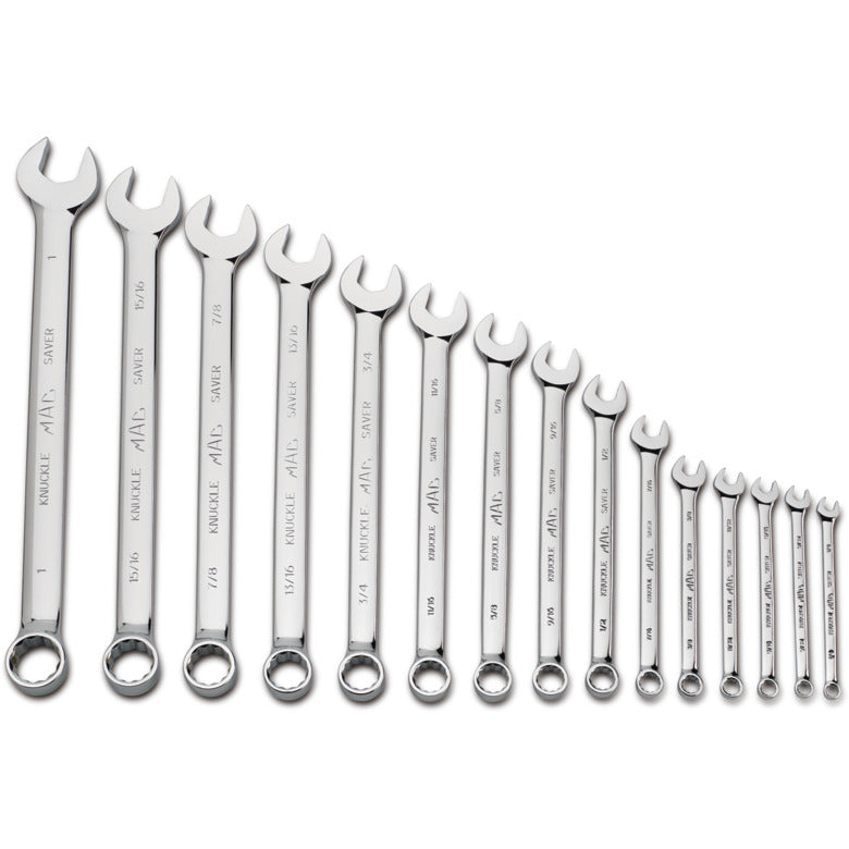 15-PC. SAE Knuckle Saver Combination Wrench Set - 12-PT