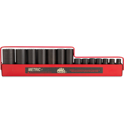 Socket Set, Deep Impact Metric in Metal Tray 3/8" Drive - 14-PC. – 12-PT.