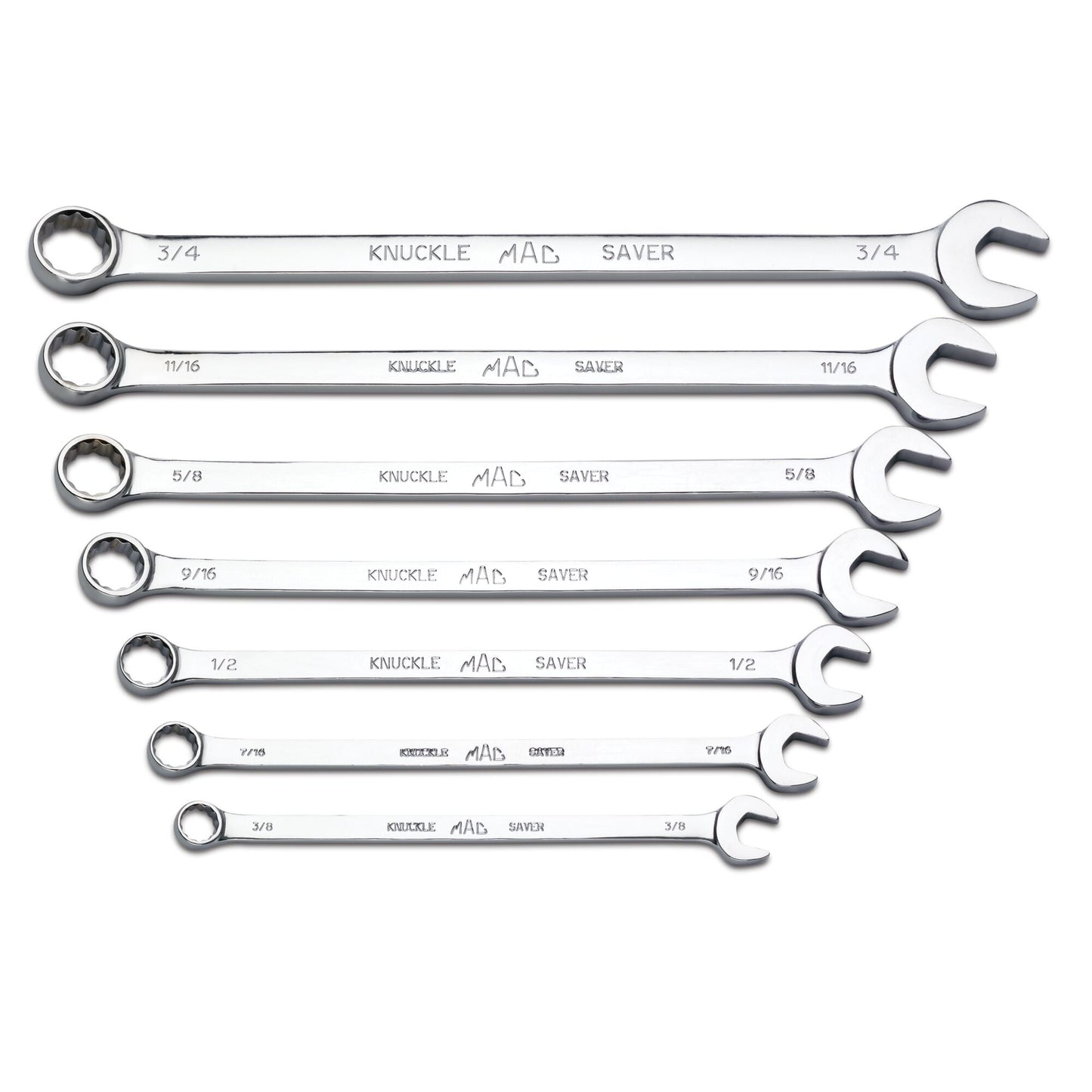 7-PC. SAE Long Knuckle Saver Combination Wrench Set - 12-PT.