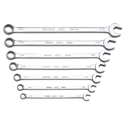 7-PC. SAE Long Knuckle Saver Combination Wrench Set - 12-PT.